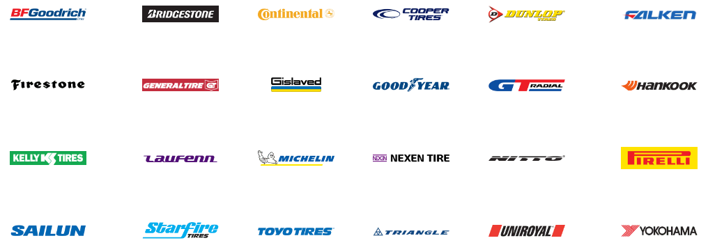 Goorich, Bridgestone, Continental, Cooper Tires, Dunlop, Falken, Firestone, Generaltire, Gislaved, Good Year, GT Radial, Hankook, Kelly Tires, Laufenn, Michelin, Nexen Tire, Pirelli, Sailun, Starfire Tires, Toyo Tires, Triangle, Uniroyal, Yokohama